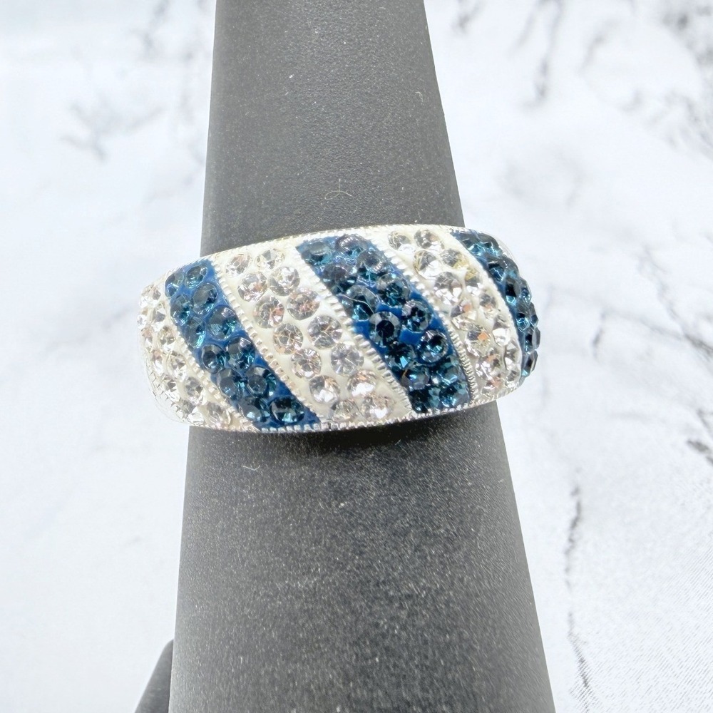 Signed LA Blue Clear Glass Pave Dome Ring Silver Tone Wide Band Size 5.5